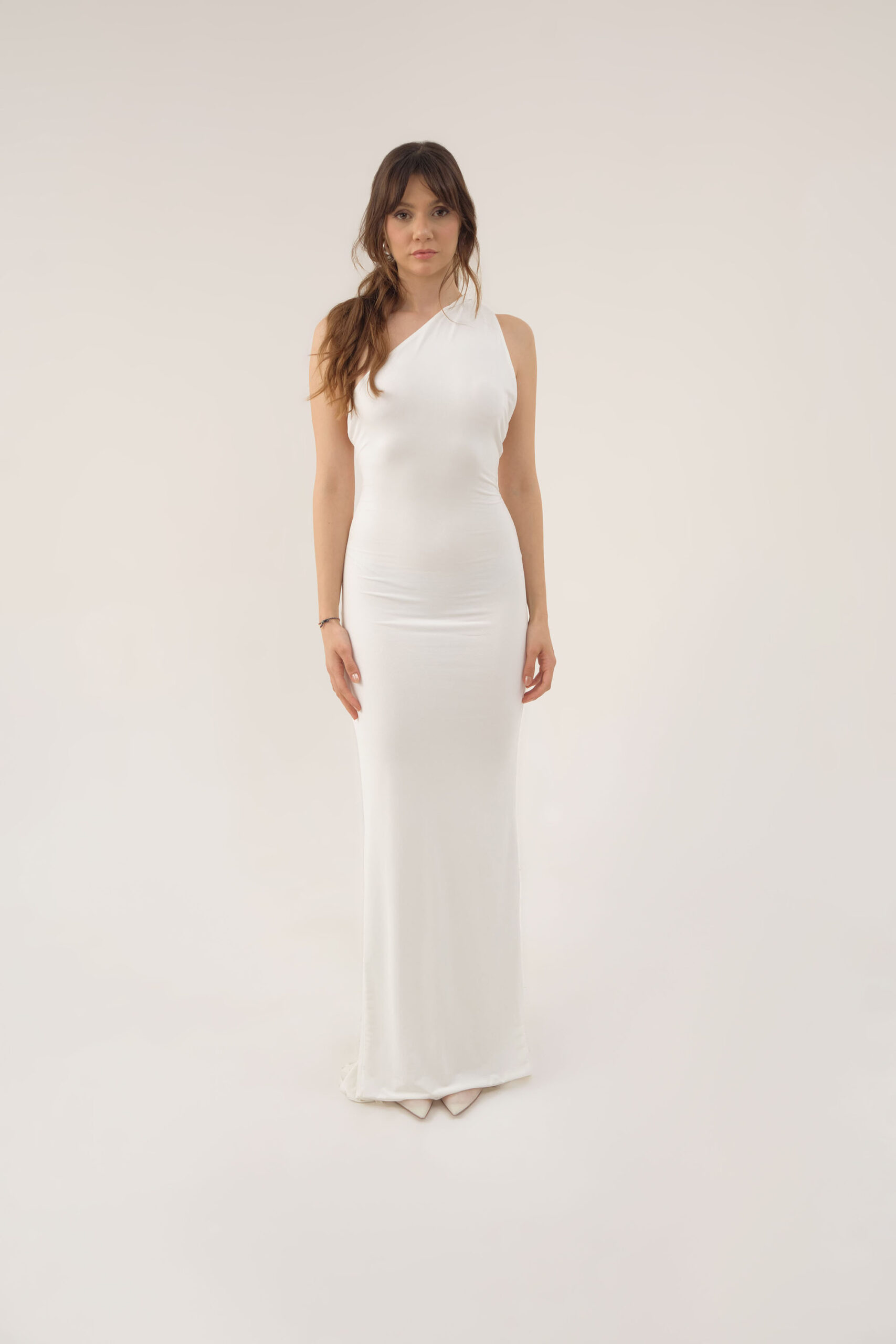 KYLIE WHITE ONE SHOULDER SCRUNCH LONG DRESS