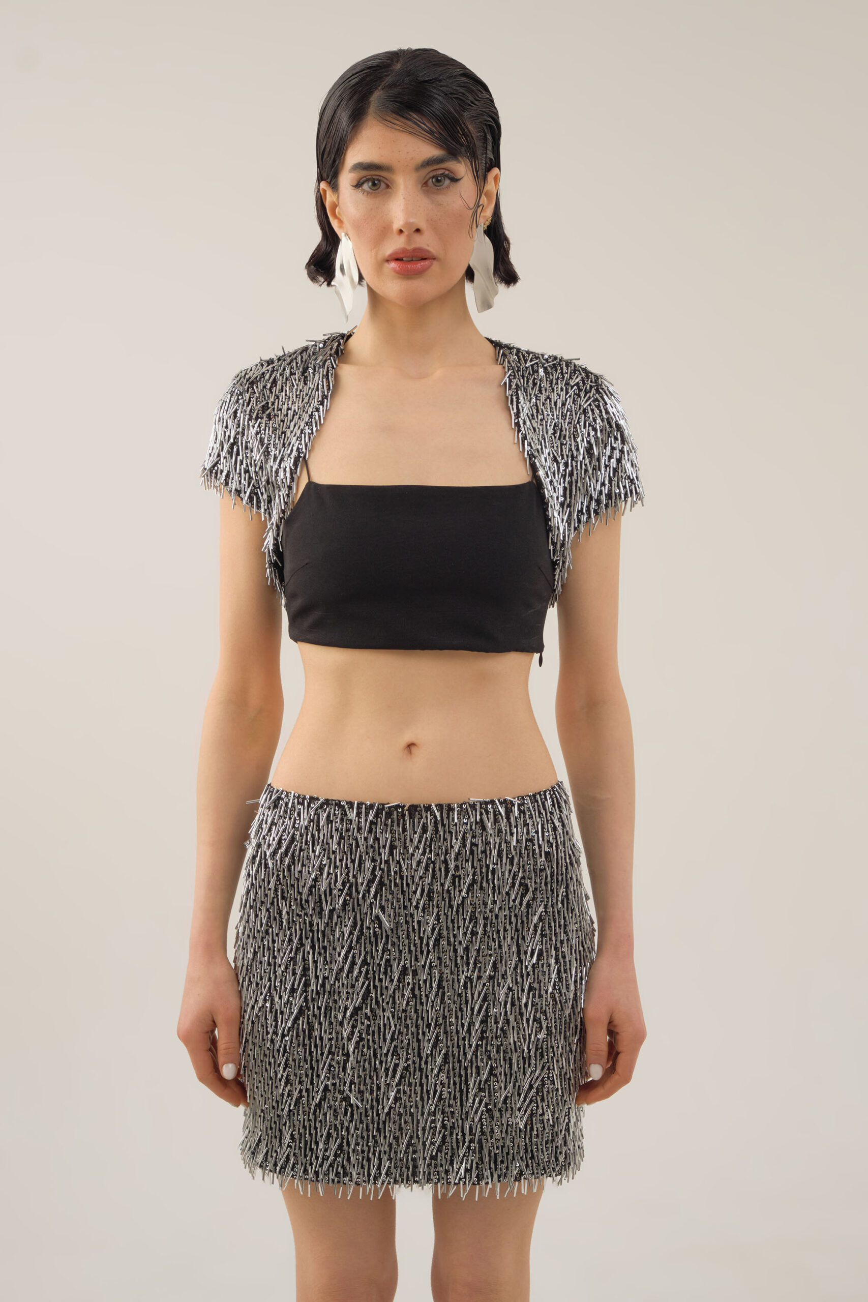 AMELIA SILVER BOLERA BLACK BRA AND SILVER MINI SKIRT