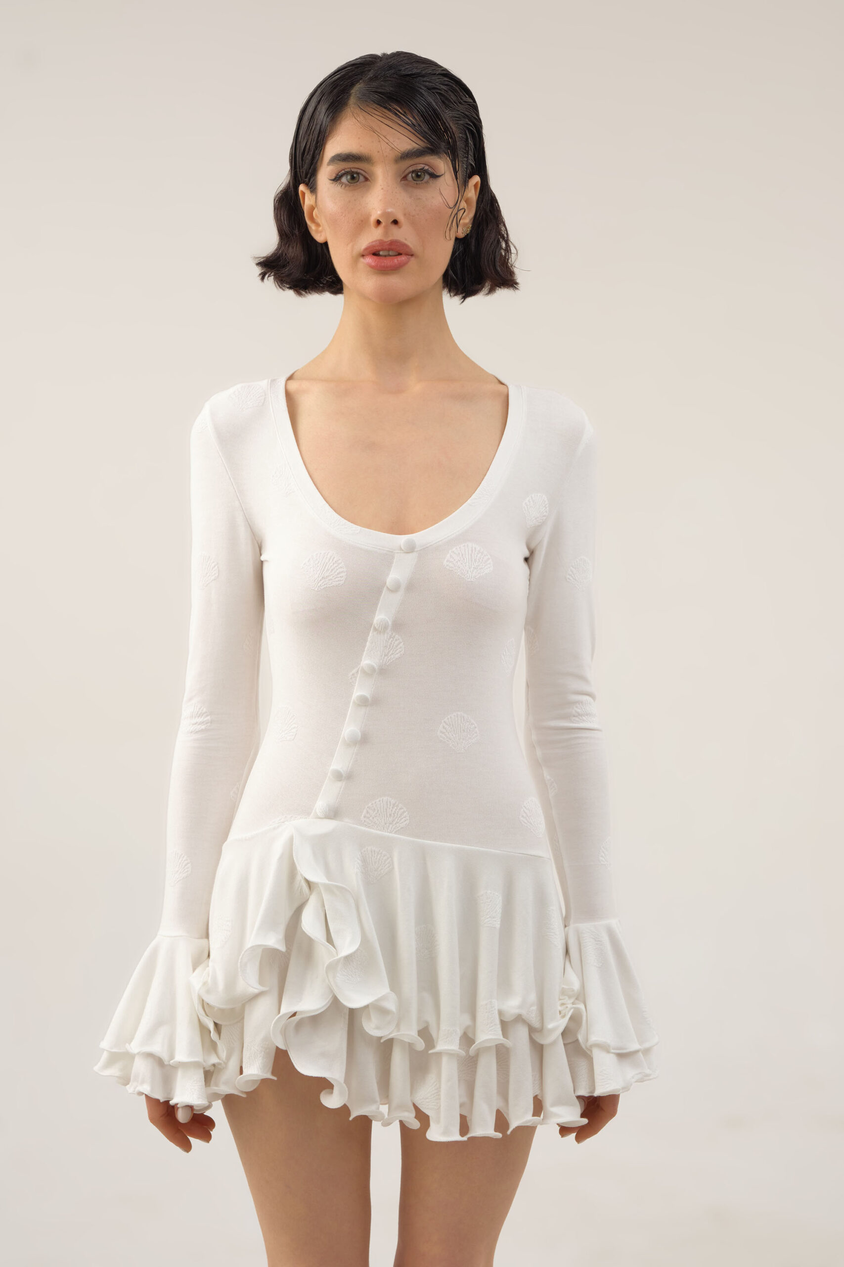 LOREEN SHELL MINI DRESS WITH RUFFLES DETAILS